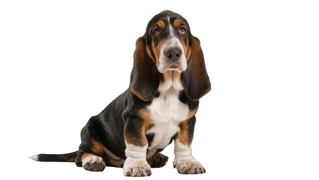 Tri-color Basset Hound dog with long ears sitting, isolated on transparent background