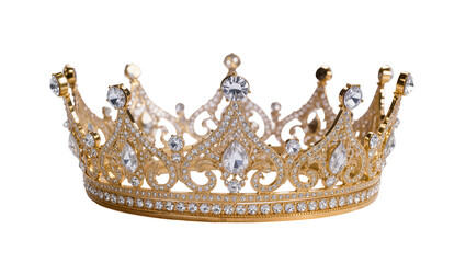 Ornate golden crown adorned with clear sparkling diamonds, isolated on transparent background © Sorin