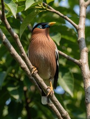 Naklejka premium Brahminy Starling perched on tree branch. Bird displays brown chest white wing bars black head and blue eye ring. Natural habitat wild avifauna.