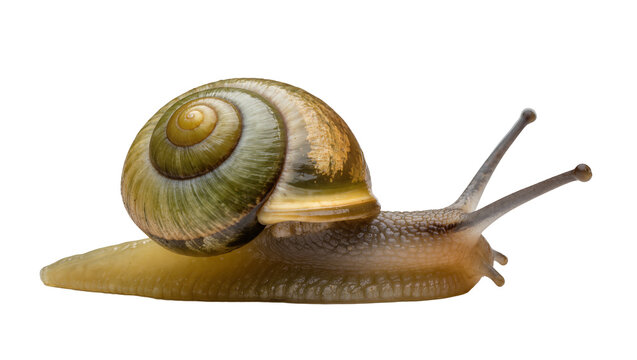 Brown and green spiral shell snail with antennae, isolated on transparent background