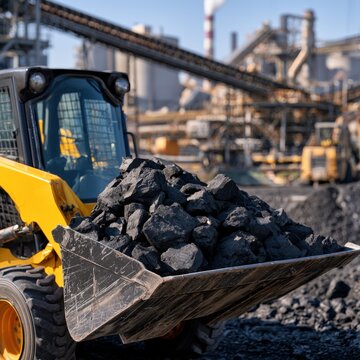 Yellow loader transporting large chunks of coal in an industrial mining site under clear blue sky with factory infrastructure in the background