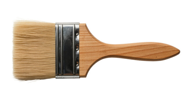 Wooden handled paint brush with metal ferrule and natural bristles, isolated on transparent background