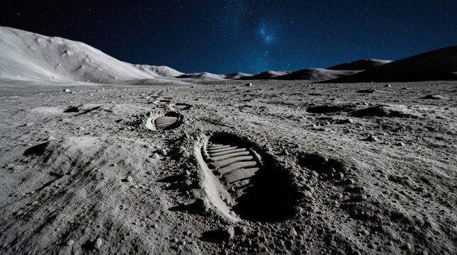 Footprint marks on barren lunar ground under starry night sky. Astronauts walk on moon surface, leaving tracks in regolith. Space exploration signifies human achievement.