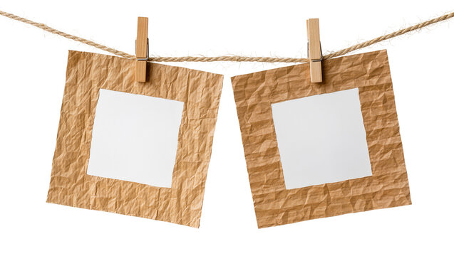 Two square brown paper frames with white inserts hanging on rope, isolated on transparent background