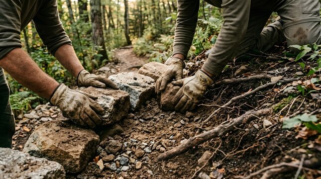 Dedicated Volunteers Building Stone Trails During National Public Lands Day