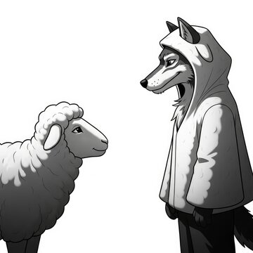 Wolf in hoodie looks at sheep.