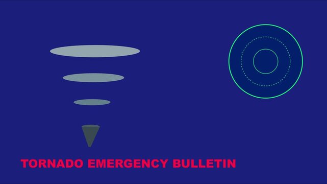 Tornado emergency bulletin alert with radar animation for weather news broadcasts and severe storm warning systems 4k