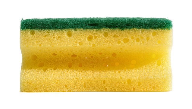 Yellow sponge with green abrasive top layer, isolated on transparent background