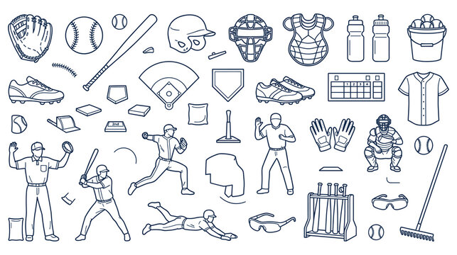baseball equipment, players, and game elements outlines collection.