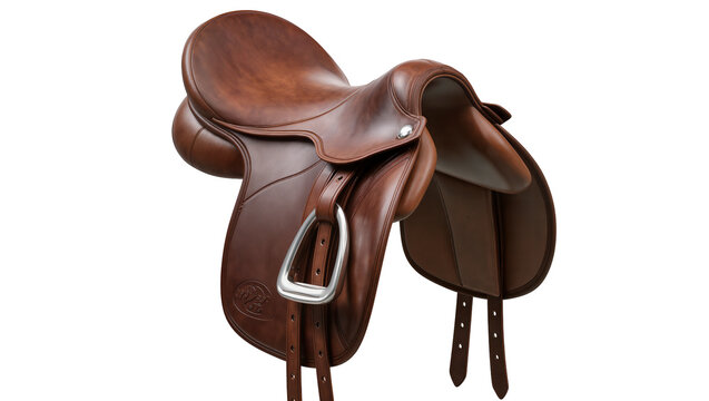 Brown leather equestrian saddle with metal stirrup, isolated on transparent background