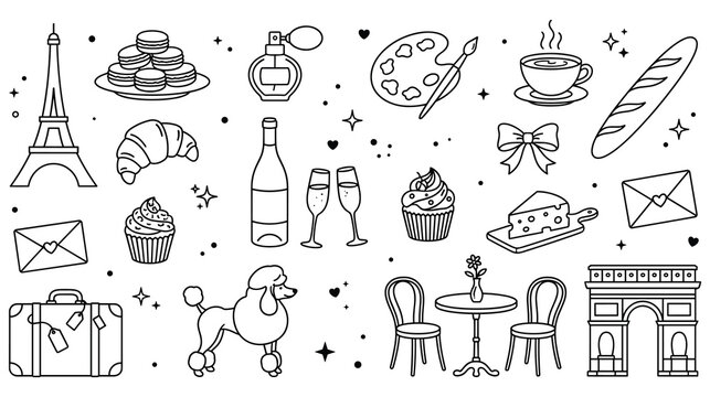paris icons, food, and culture elements outlines collection.