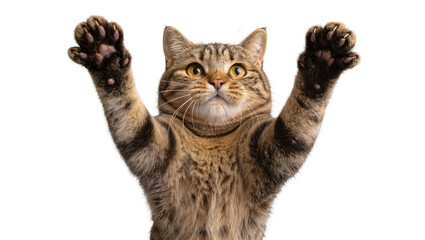 Tabby cat with paws raised, isolated on transparent background