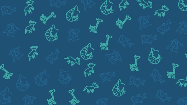 Animated pattern featuring cute cartoon animals like giraffes and elephants on a blue background. Ideal for children's content, nursery decor, or playful branding. Seamless loop.