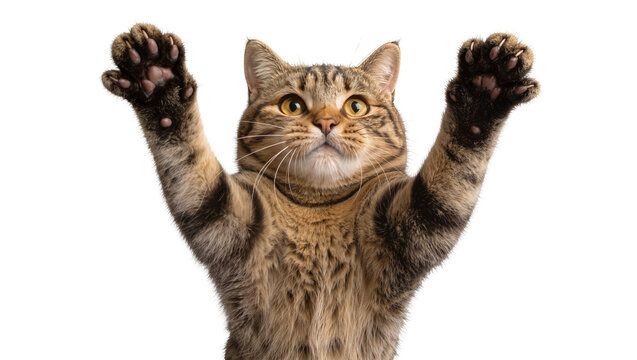Tabby cat with paws raised, isolated on transparent background