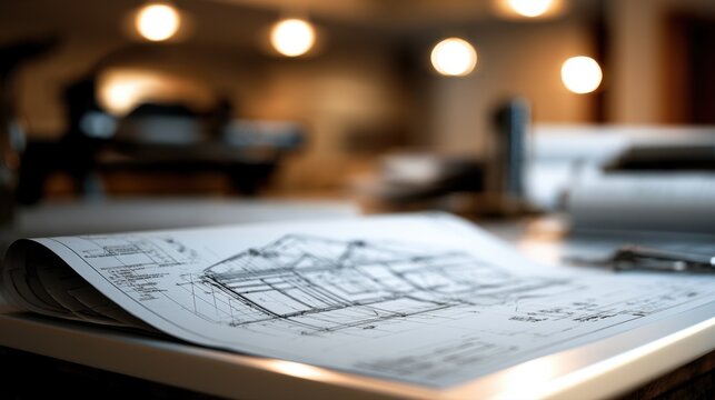 Architectural blueprint rolled out on a desk showcasing detailed building plans with blurred studio environment and warm lighting in the background