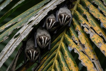 Naklejka premium Four tent-making bats group together, roosting under palm fronds in lush jungle foliage. Small mammals hang upside down, showing stripes on faces. Wild nature scene.