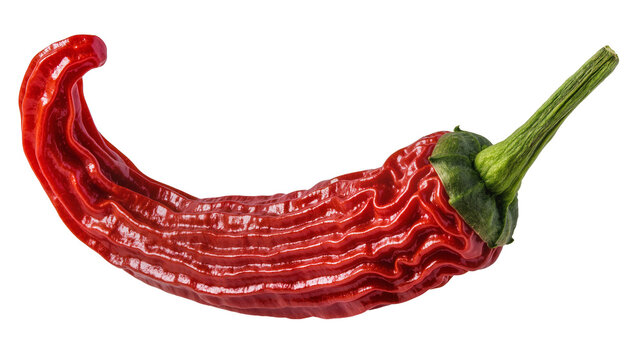 Wrinkled red chili pepper with green stem, isolated on transparent background