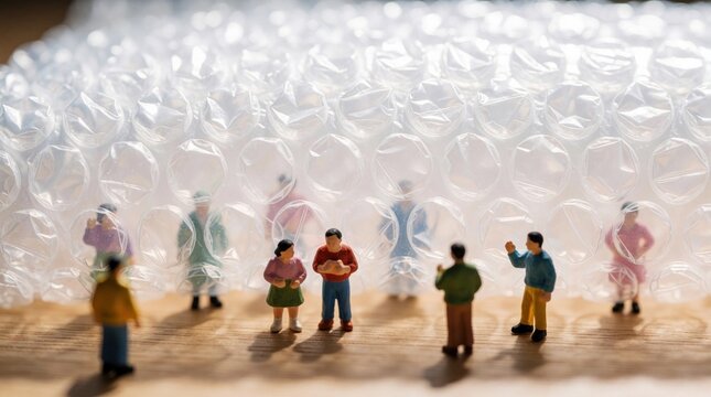 Small miniature people stand behind thick bubble wrap barrier. Tiny figures look through plastic protective layer. Concept of social distancing, quarantine, safety protection from virus. People stay