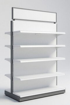 Minimalist white retail shelving unit with grey metal frame and blank sign holder. Empty store display stand ready for merchandise placement. Clean commercial fixture for product presentation.