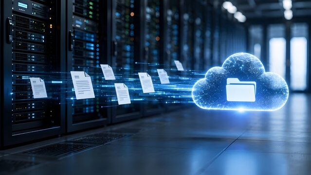 Digital document files migrating from physical data center server racks into a glowing blue cloud computing icon representing online backup and virtualization