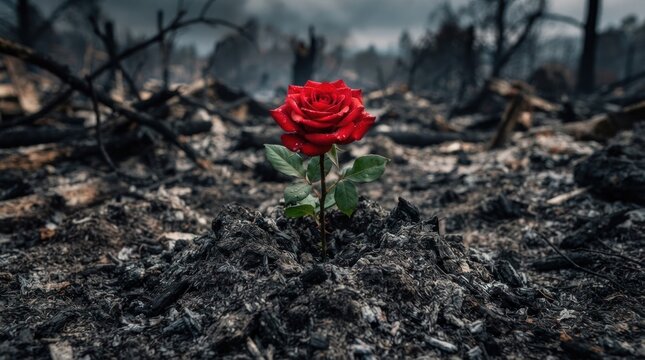A single vibrant red rose growing in the aftermath of a forest fire.