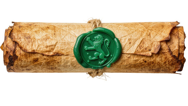 Antique parchment scroll tied with twine and sealed with a green lion wax emblem, isolated on transparent background