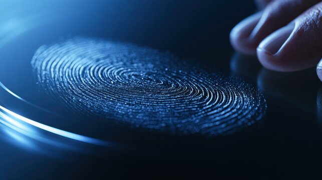 Detailed fingerprint impression captured for forensic analysis with fingers poised to examine biometric identification under blue lighting conditions