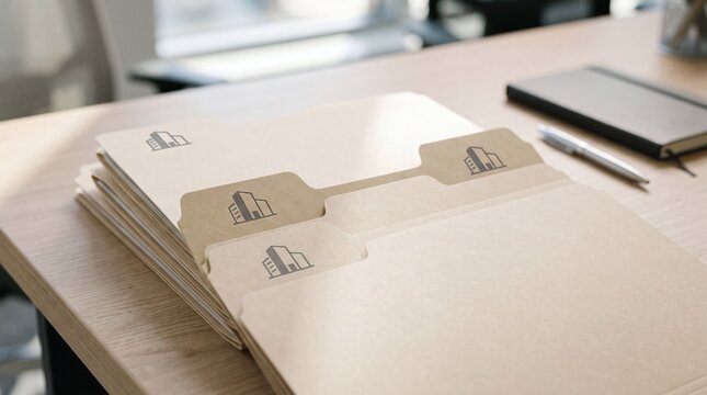 Stack of manila folders with building logo on a wooden desk with notebook and pen