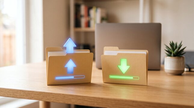 Digital data transfer concept with glowing upload and download icons on folders on a desk
