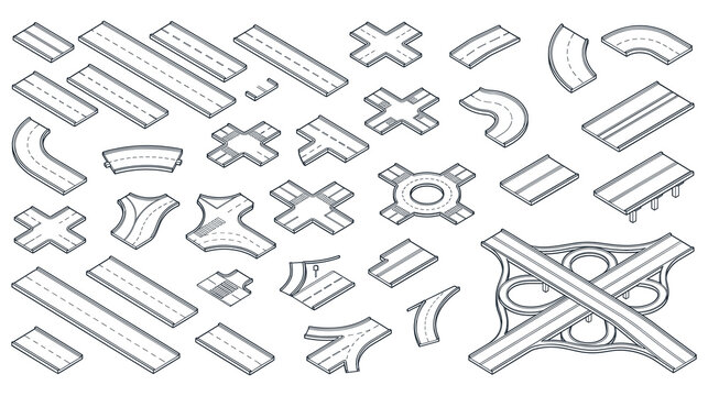 Road intersection segments isometric highway construction elements.