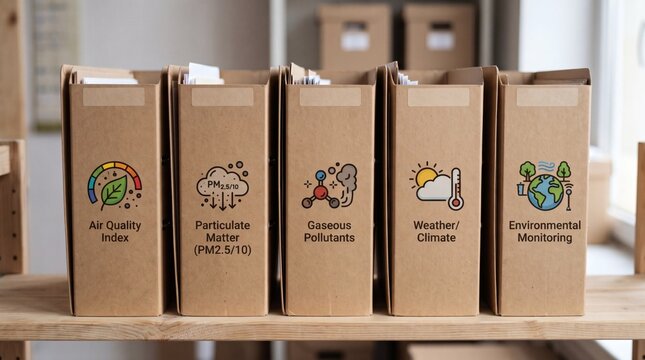 Environmental data folders on a shelf including air quality, particulate matter, gaseous pollutants, weather, and monitoring