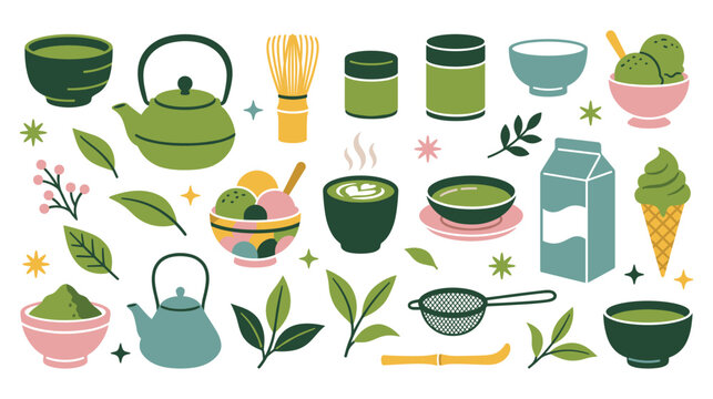 Matcha green tea set for hot drinks and sweet desserts isolated.