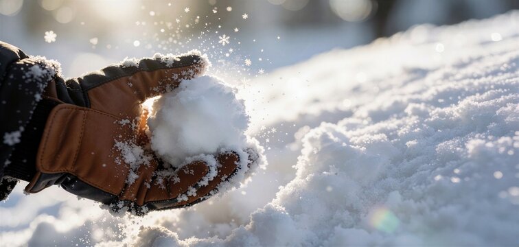 Close-up of a gloved hand releasing a compact snowball against a bright, sunlit, snowy background, capturing the action of throwing snowballs.