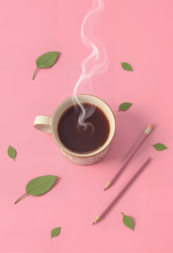 Steaming coffee on pink for cafe menu and blog headers
