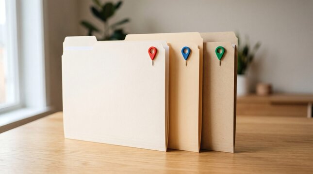 Three manila folders with colorful map pin markers on a wooden desk