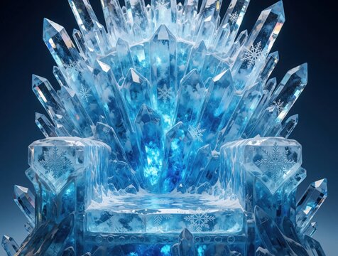 Intricate ice throne sculpture sparkles with crystal shards and snowflake details. This frozen seat emits a cool glow, perfect for winter fantasy scenes.