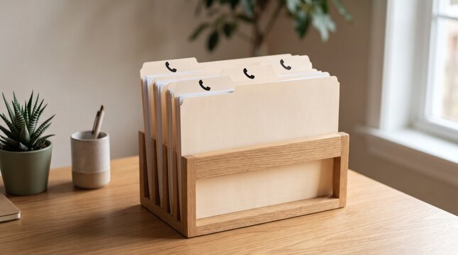 Organized file folders with telephone icons in a wooden desk organizer on a wooden desk with a plant and pen