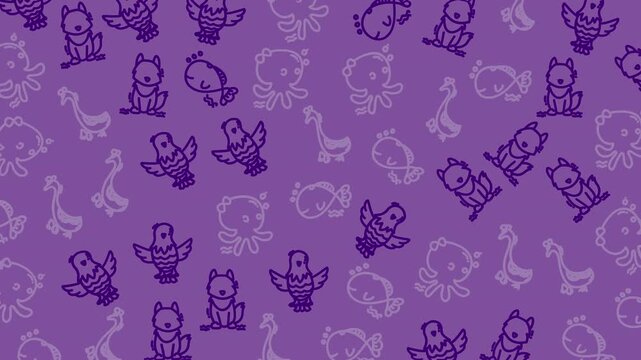 Animated seamless loop background featuring a charming pattern of cute purple cartoon animals like frogs, birds, and geese on a soft purple backdrop. Ideal for children's content, playful designs.