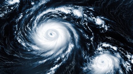 Naklejka premium Satellite view shows two powerful ocean hurricanes swirling with white clouds against dark blue water. Massive storm systems rotate over planet Earth, indicating severe weather.