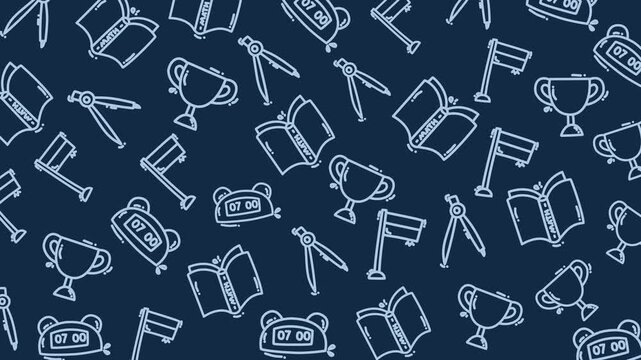 Animated pattern featuring icons of books, trophies, flags, and clocks on a dark blue background. This looping animation represents education, success, and learning milestones.
