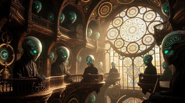 Alien beings with glowing eyes stand on balconies in grand hall with ornate windows. Wear dark clothes, intricate patterns on faces. Gears, symbols decorate steampunk architecture around.
