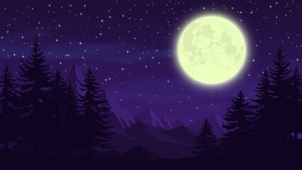 Fototapeta premium Night Forest and Mountain Landscape with Full Moon