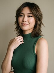 Obraz premium Confident Young Woman in Green High Neck Top Posing for Professional Portrait Session