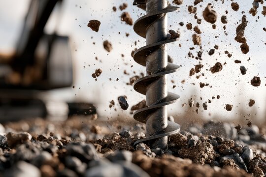 Heavy-duty earth drilling machine auger breaking ground and throwing soil and rocks during construction site excavation work