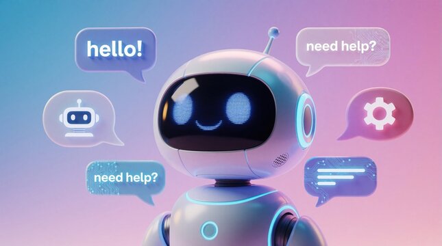 Cute white robot chatbot provides online customer support through digital interface. Friendly AI assistant sends chat messages with speech bubbles like hello, need help. Modern artificial