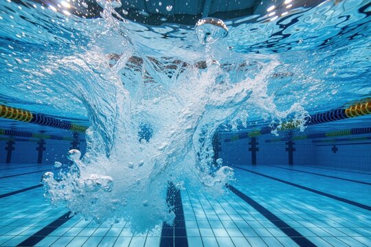 Dynamic water splash underwater in blue indoor swimming pool. Bubbles, waves create intense motion in clear aquatic environment. High speed action shot shows energy of liquid during sport training