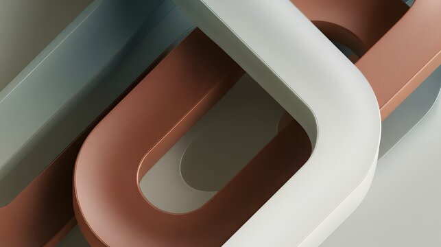 Macro view of 3d abstract interlocking rounded rectangular links in matte terracotta and cream sage colors with soft lighting.