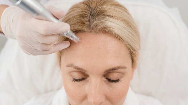 Woman receiving microneedling treatment on forehead at spa clinic