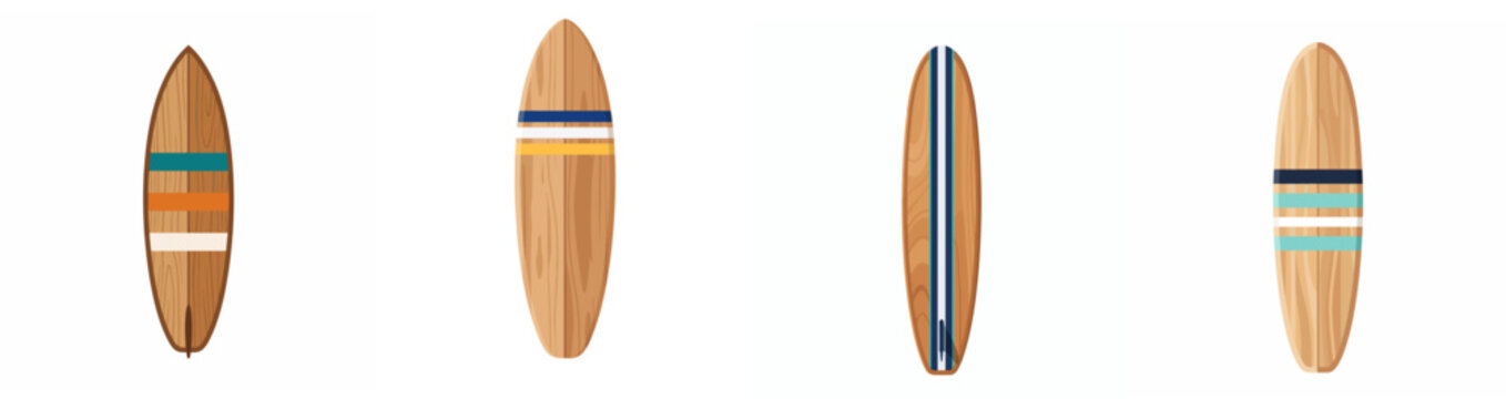 Set of four vintage wooden surfboards isolated on white background