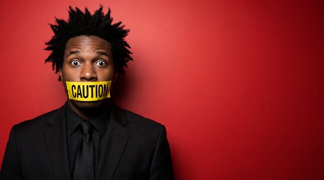 Silenced Businessman with Caution Tape over His Mouth